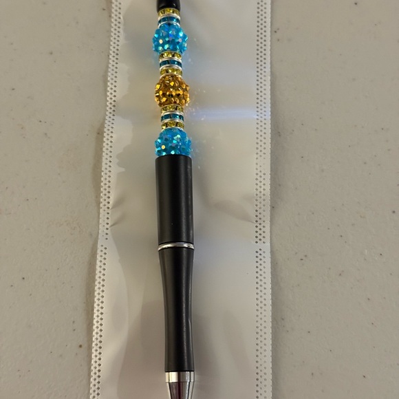 None Other - Home made Blue and Gold Bejeweled Beaded refillable ballpoint Pen